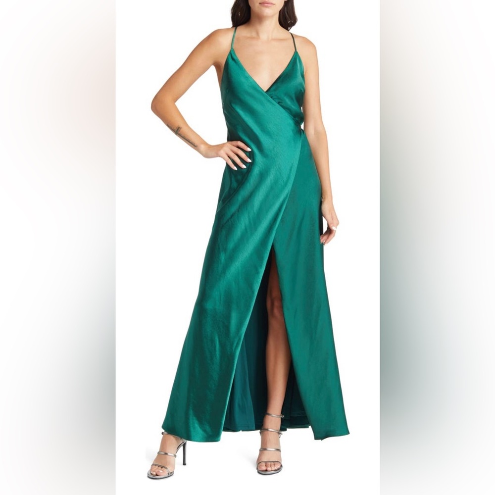 Lulus Fondly Loved Green Satin Wrap Dress Gown